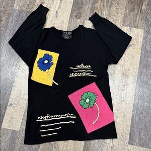 Laurèl Black Wool Sweater With Floral Design. Made in Italy